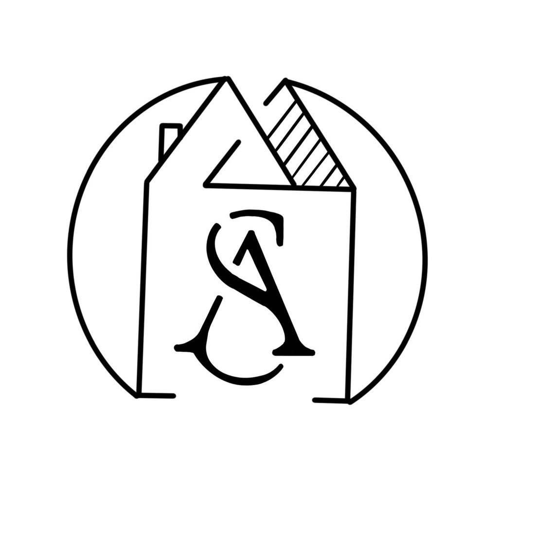 Shree Architect logo - the studio's S and A nested inside a line-drawn house with a pitched, hatched roof